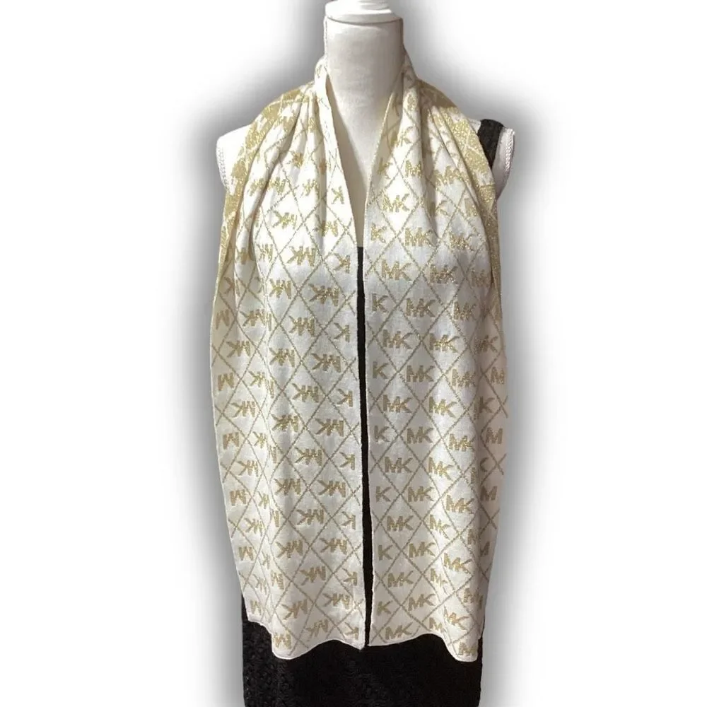 MICHAEL Michael Kors Signature Logo Sparkly Glittery Gold & Cream Colored Scarf
